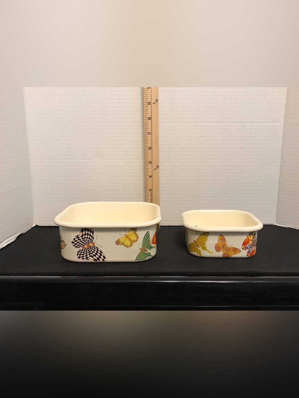 2 MacKenzie Childs Butterfly Garden Square Enamel Storage Containers Bakeware